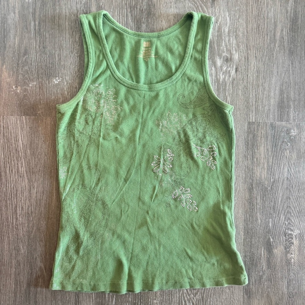 Faded Glory Green Tank Top with Paisley Print Embellishments
